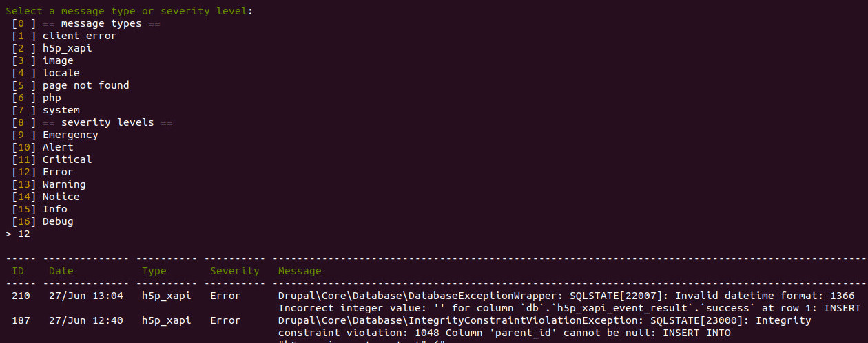 Image 1: Execution of drush wd-list to get the system errors.