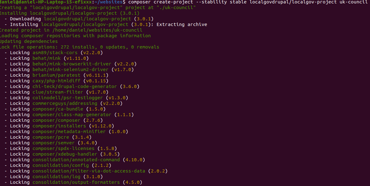 Screenshot of the terminal running composer to get the project