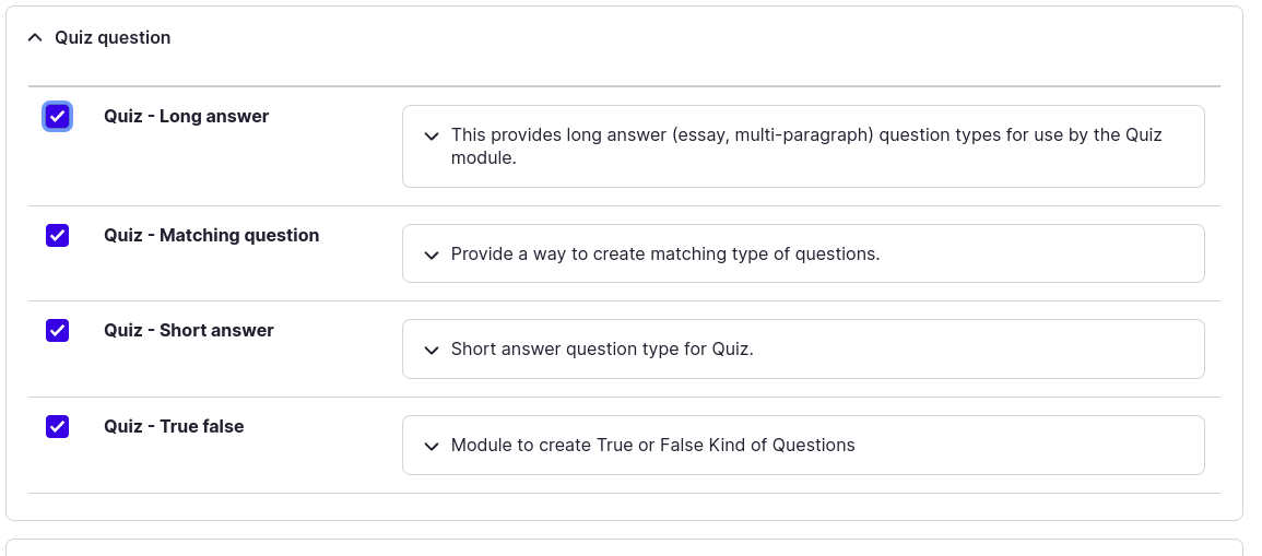 Module Extend page for enabling the quiz nodes