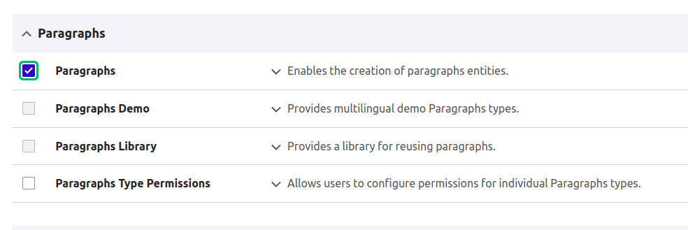 Image 5: Enabling the paragraphs module from the Extend Admin panel