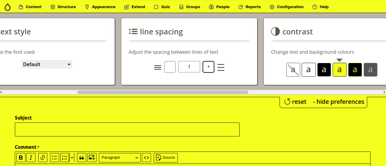 Screenshot of a page with high contrast enabled for visually impaired users