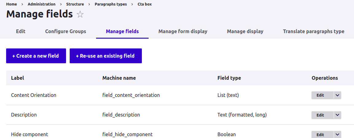 Image 7: Setting up the fields for the “CTA Box” paragraph type