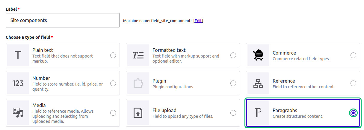 Image 9: Screenshot of the Field UI to create a paragraphs field