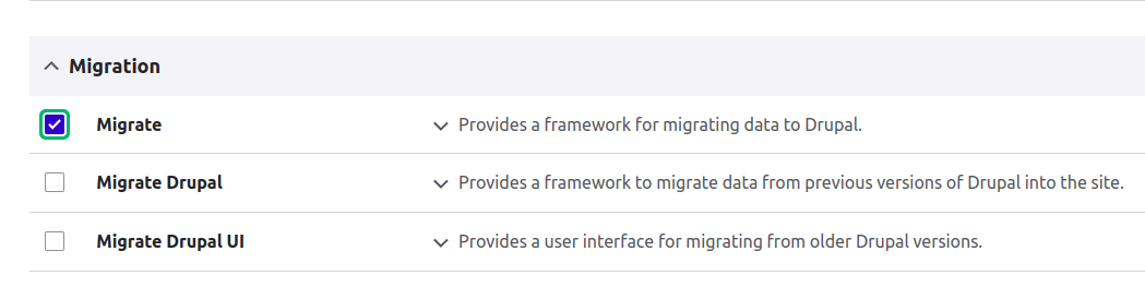 Admin panel to enable core migrate modules