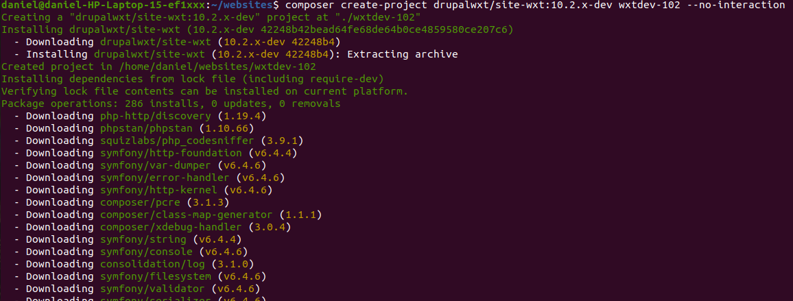 Screenshot of the terminal when downloading the distribution with composer