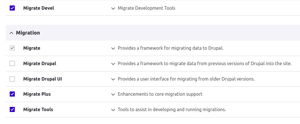 Drupal Extend page with more migrate modules enabled.