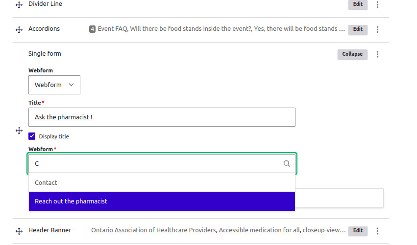 Image 19: Editing the single form component to pick the webform to display