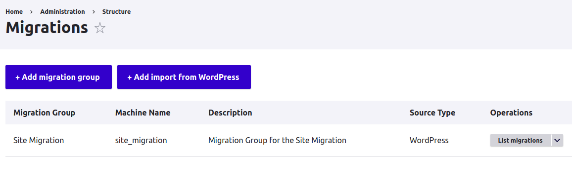 "Migrations" Group form with a new Migration group: site migration