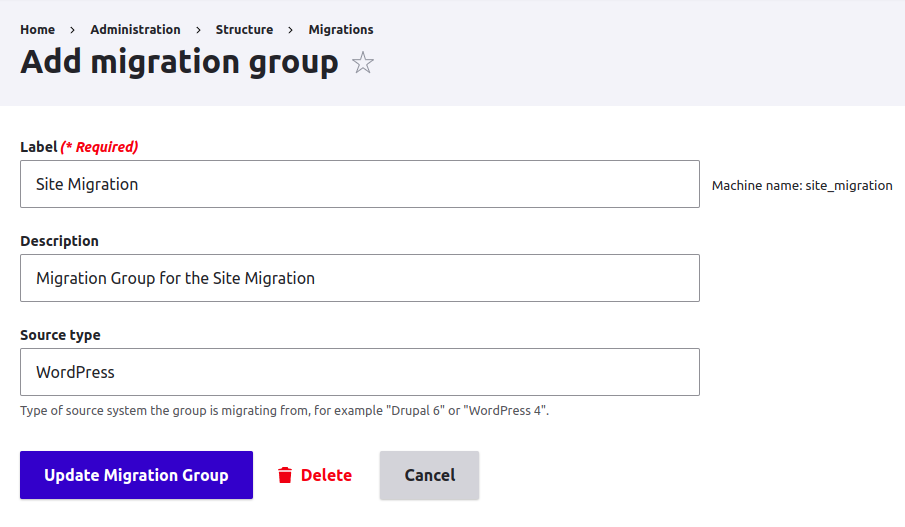 Form to add a new migration group