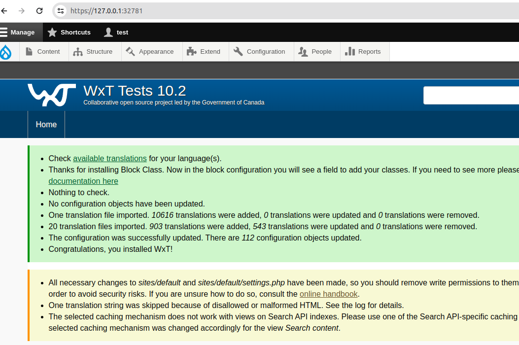 Screenshot of the WxT site after installation