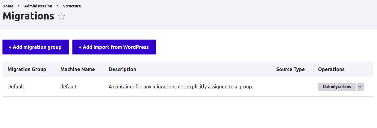Migrations Admin Panel, with only a "Default" migration group