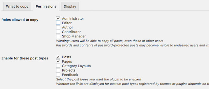 4 Easy Ways to Duplicate a Page in WordPress: Duplicate Post Plugin- permissions settings page