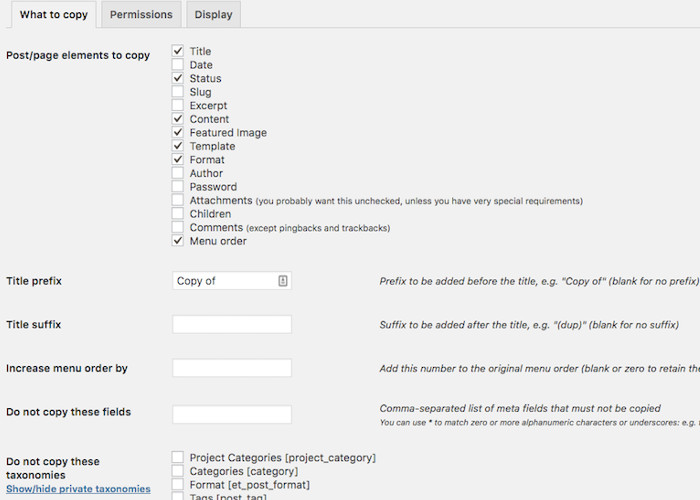 4 Easy Ways to Duplicate a Page in WordPress: Duplicate Post Plugin-what to copy settings page