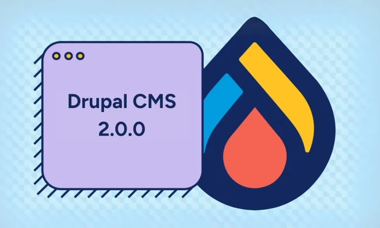 Illustration showing the Drupal logo with the text ‘Drupal CMS 2.0.0’.