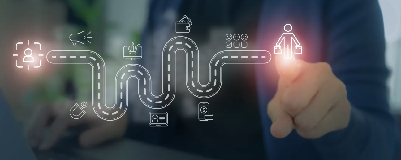 Person pointing at a digital customer journey map with icons representing personalization and user experience.