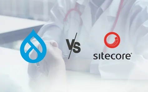 Drupal vs Sitecore logos side by side with a healthcare professional background