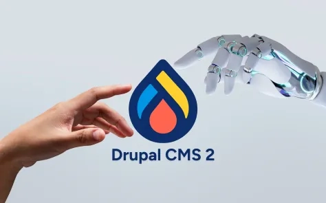 Human hand and robotic hand reaching toward the Drupal CMS 2 logo, representing AI integration in Drupal CMS 2.0