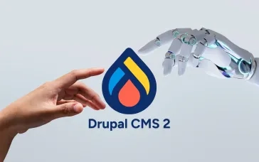 Human hand and robotic hand reaching toward the Drupal CMS 2 logo, representing AI integration in Drupal CMS 2.0